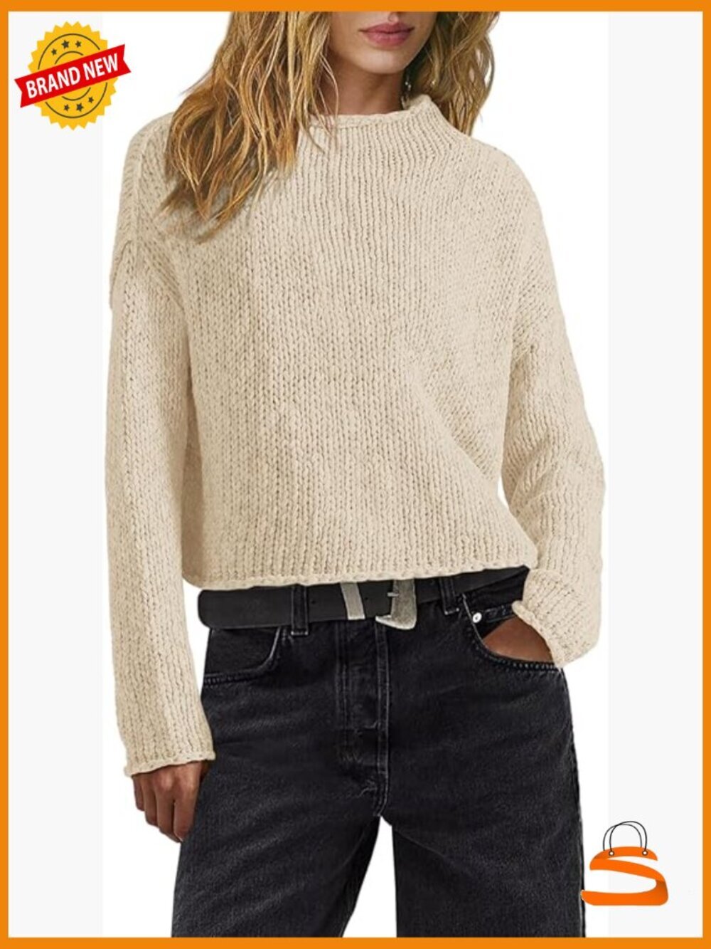 Oversized Cropped Chunky Knit Sweater Long Sleeve Mock Neck Pullover - Picture 1 of 7